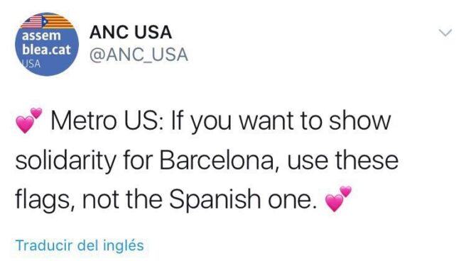La ANC reclama que no se use la bandera española para solidarizarse con Barcelona