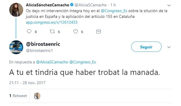 La amenaza de un tuitero a Alicia Sánchez-Camacho: "A ti te tenía que haber encontrado La Manada"
