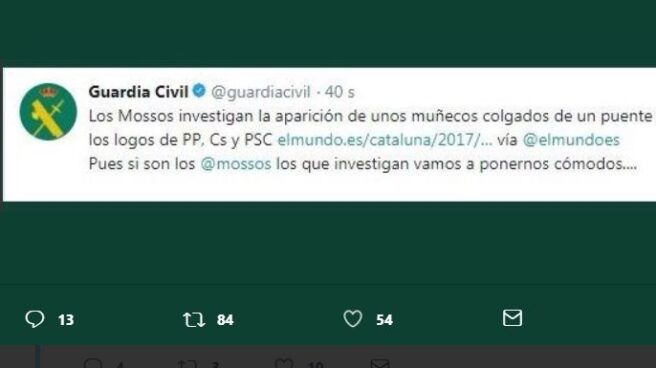 Polémica por un tuit de la Guardia Civil contra los Mossos por el simulacro de asesinato