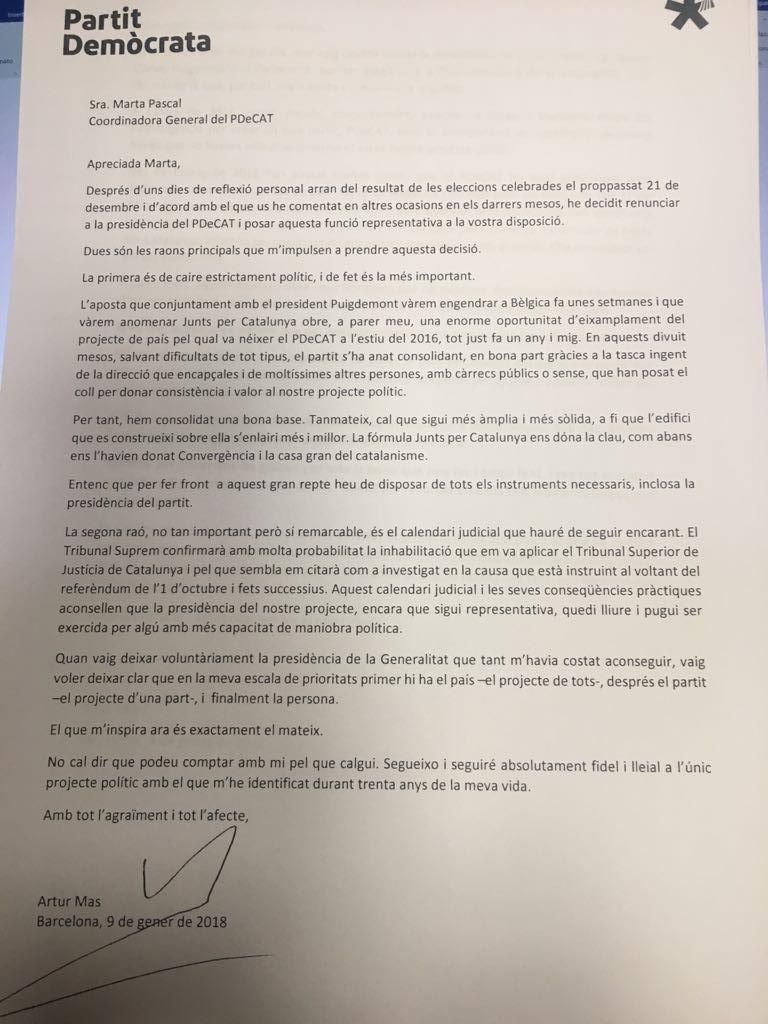 Carta de dimisión de Artur Mas como presidente del PDeCat.
