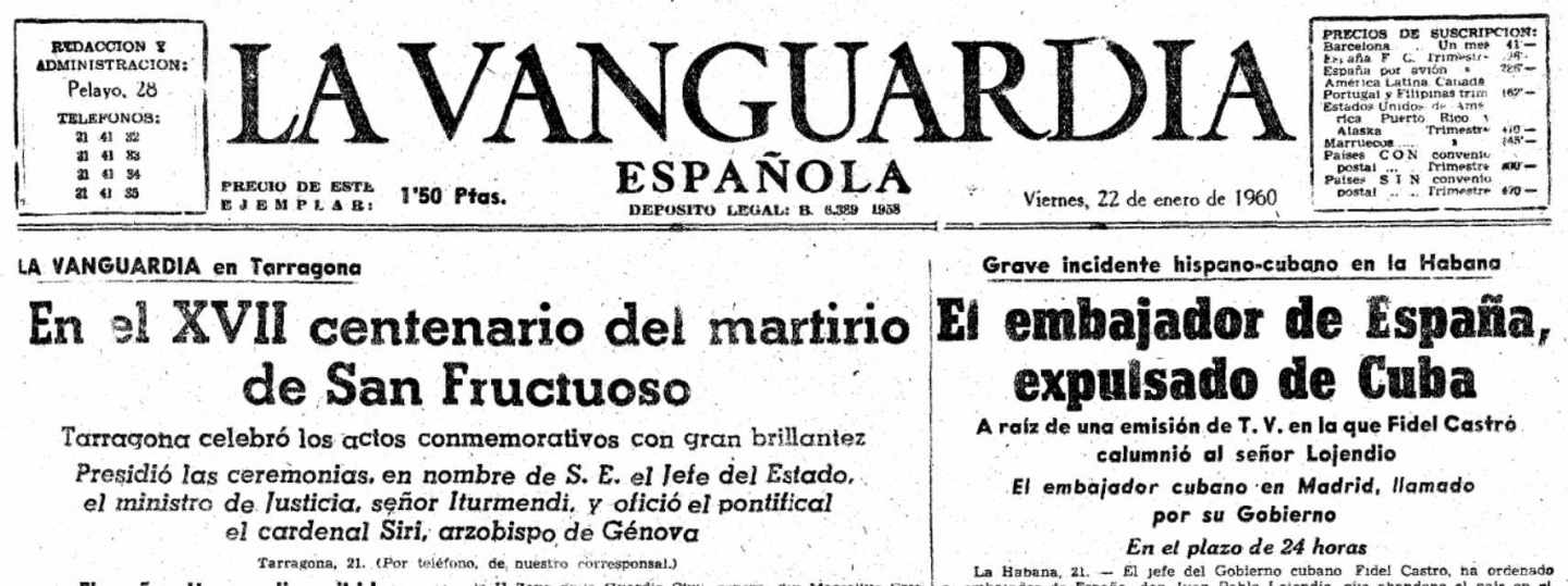 Edición de 'La Vanguardia' del 22 de enero de 1960 en la que se informa de la expulsión del embajador de España en Cuba.