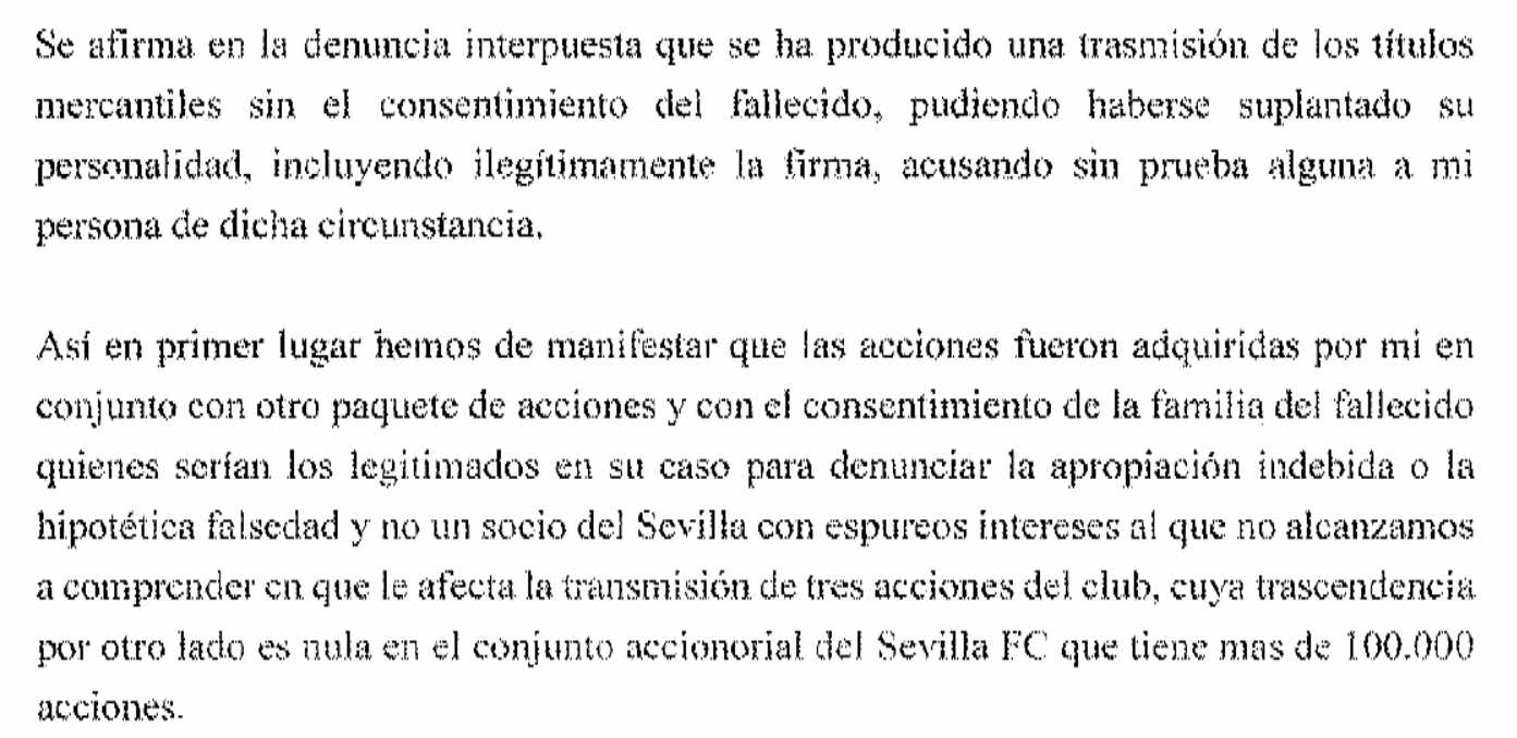 Escrito aportado por Castro al fiscal el pasado 26 de septiembre en el que reconoce que compró acciones a la familia de un fallecido.