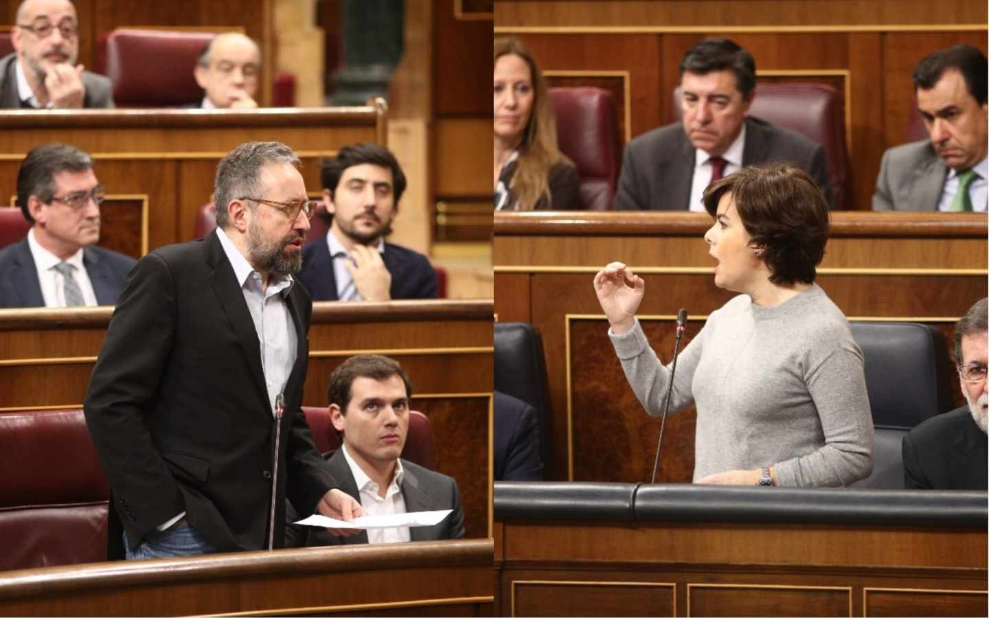 El portavoz de Ciudadanos, Juan Carlos Girauta, y la vicepresidenta del Gobierno, Soraya Sáenz de Santamaría, durante un rifirrafe en la sesión de control del Congreso.