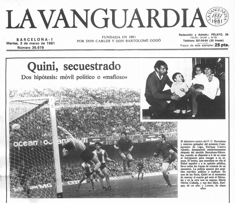 Portada del diario La Vanguardia del 3 de marzo de 1981, tras el secuestro de Quini.