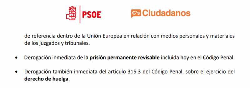 Documento pactado con el PSOE en el que Ciudadanos se posicionaba a favor de la derogación de la prisión permanente revisable.