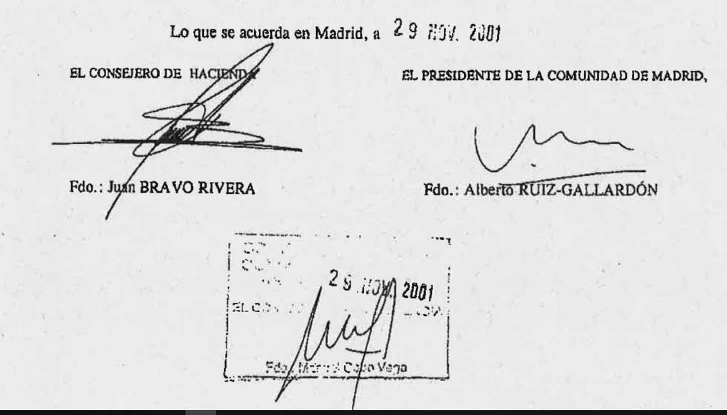 Firma de Ruiz-Gallardón en el acta del Consejo de Gobierno de 29 de noviembre de 2001 que autorizó la compra de la compañía colombiana Inassa.