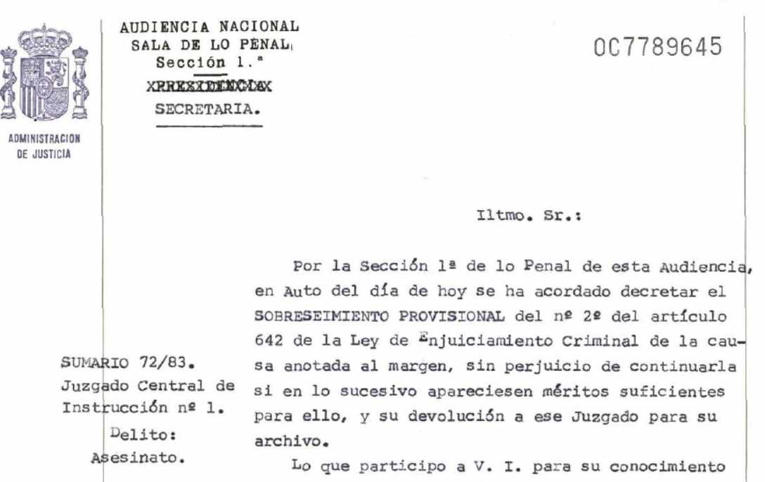 Resolución de la Audiencia Nacional por la que se decretó el sobreseimiento provisional del caso por el asesinato de José Ignacio Ustaran.