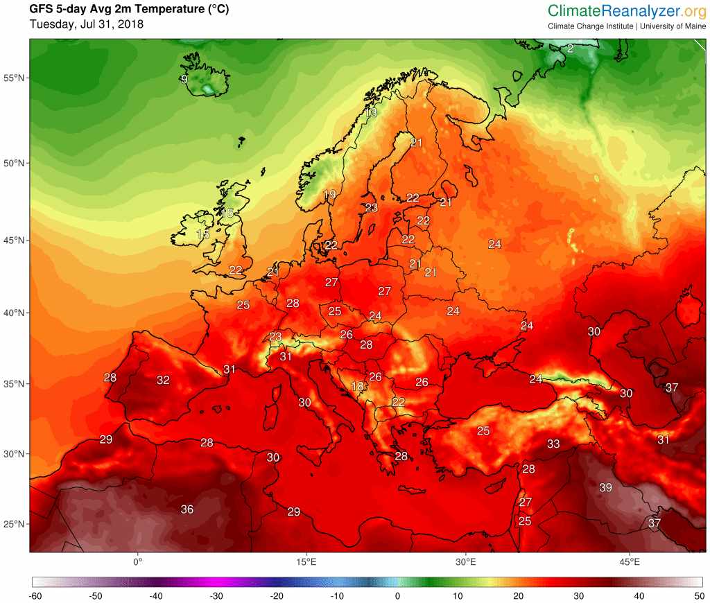 Previsión de temperatura media en Europa en los próximos cinco días