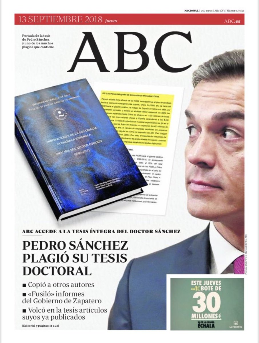 Portada de ABC sobre la tesis de Pedro Sánchez.