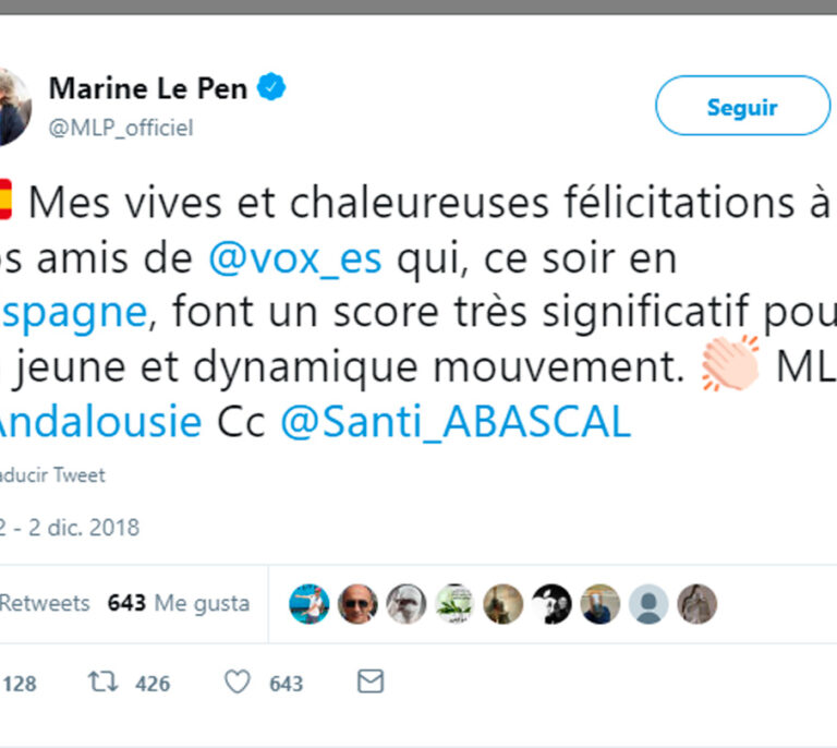 Marine Le Pen felicita a Vox por sus resultados en Andalucía