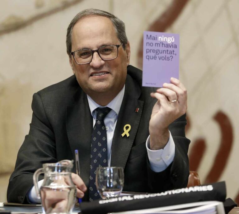 Torra deja "de momento" la pancarta en la fachada de la Generalitat y se expone a un delito