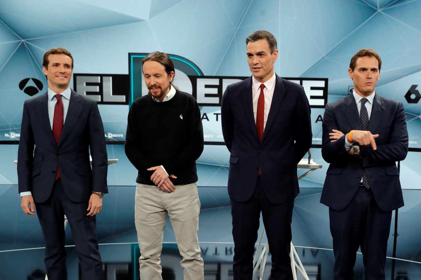 Los candidatos a la presidencia por UP, PP, PSOE y Cs a su llegada al plató de Atresmedia