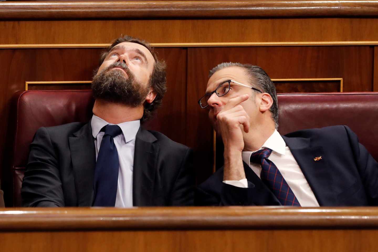 Iván Espinosa de los Monteros (izquierda) junto a Javier Ortega Smith, observando por primera vez la cúpula del Congreso de los Diputados.