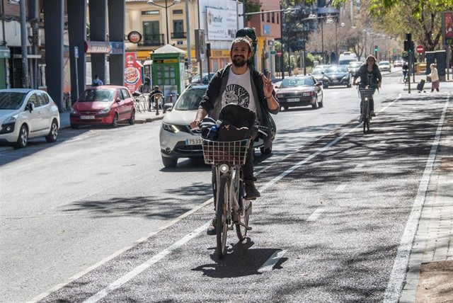 Un hombre utiliza un carril bici en Valencia