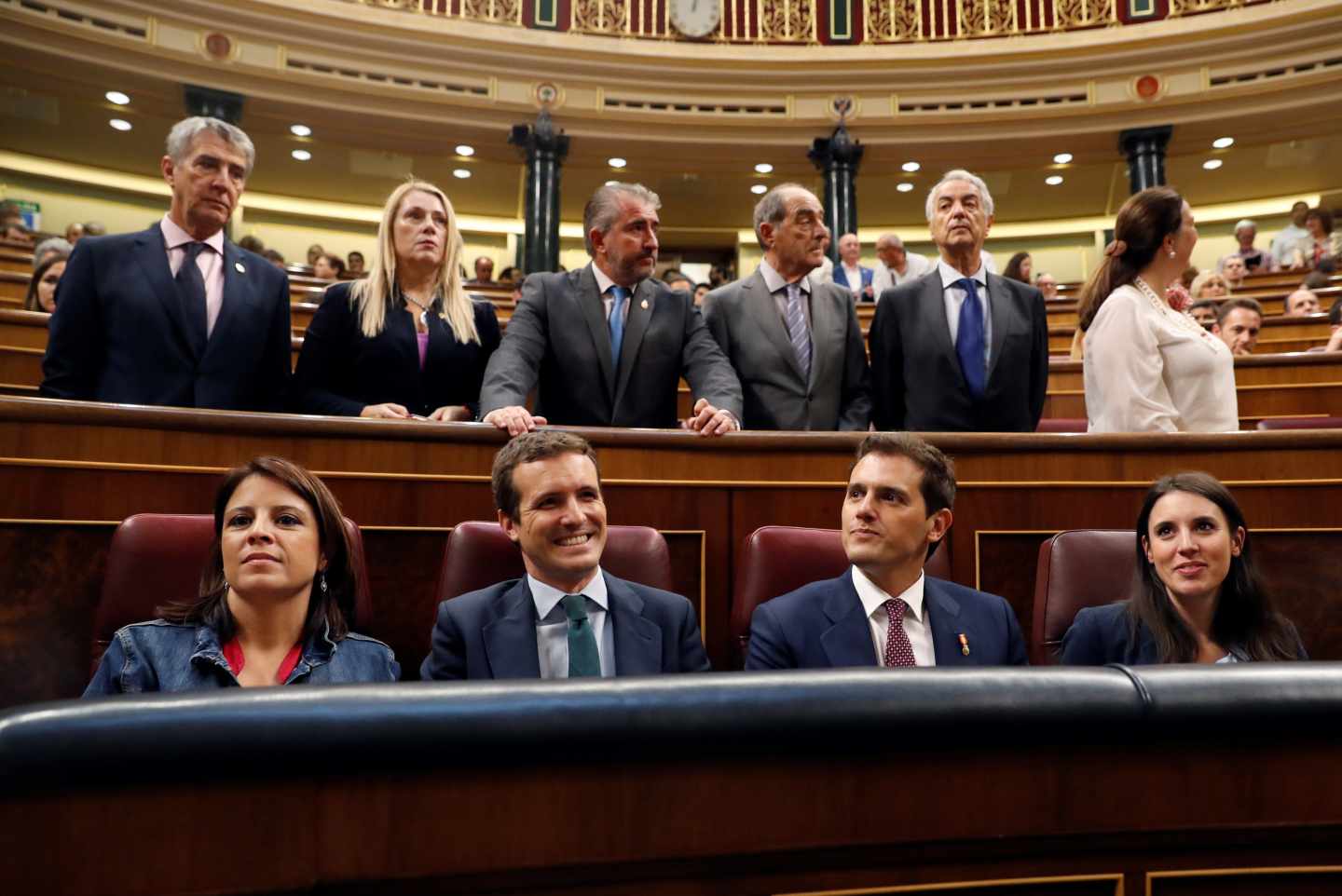 Adriana Lastra, Pablo Casado, Albert Rivera e Irene Montero, este jueves en el Congreso de los Diputados.