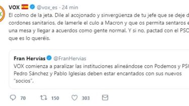 Vox llama "acojonado" y "sinvergüenza" a Rivera y le acusa de "lamer el culo" a Macron