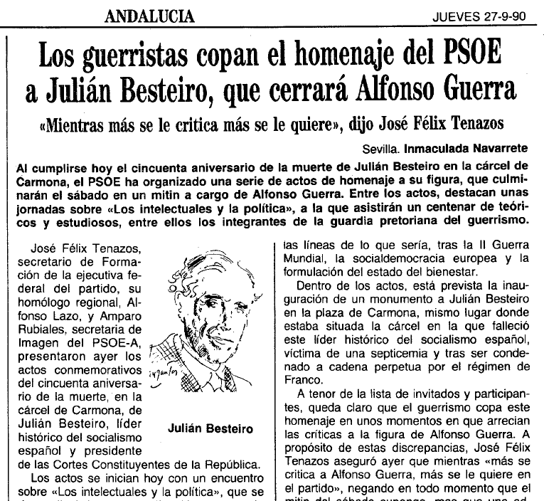 Crónica de las jornadas dedicadas a Besteiro en Carmona en 1990 publicada en el diario 'Abc'.