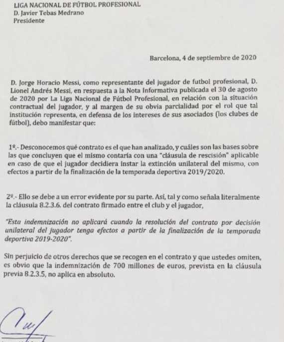 El padre de Messi contesta a LaLiga y desvela la cláusula que permite liberar al jugador