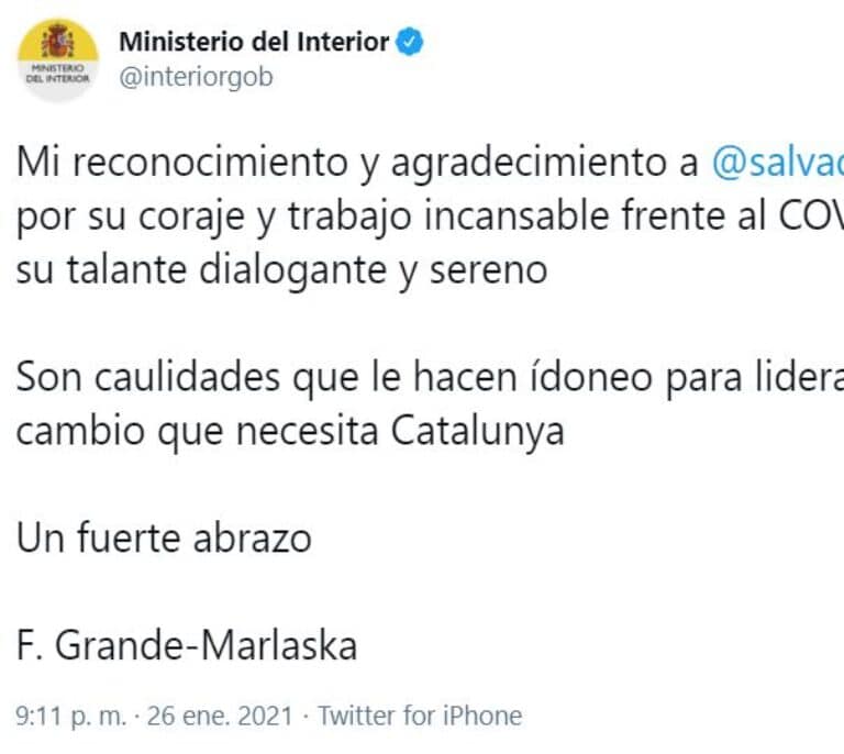 Interior borra un tuit de Marlaska en su cuenta oficial que hacía campaña por Illa en Cataluña