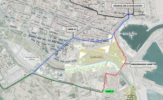 Plano de la ampliación de las líneas 10 y 11 del tranvía de Valencia