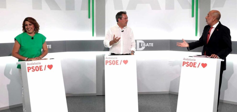 Los tres candidatos socialistas a la Presidencia de la Junta de Andalucía Susana Díaz, Juan Espadas y Luis Ángel Hierro, durante el debate de este martes