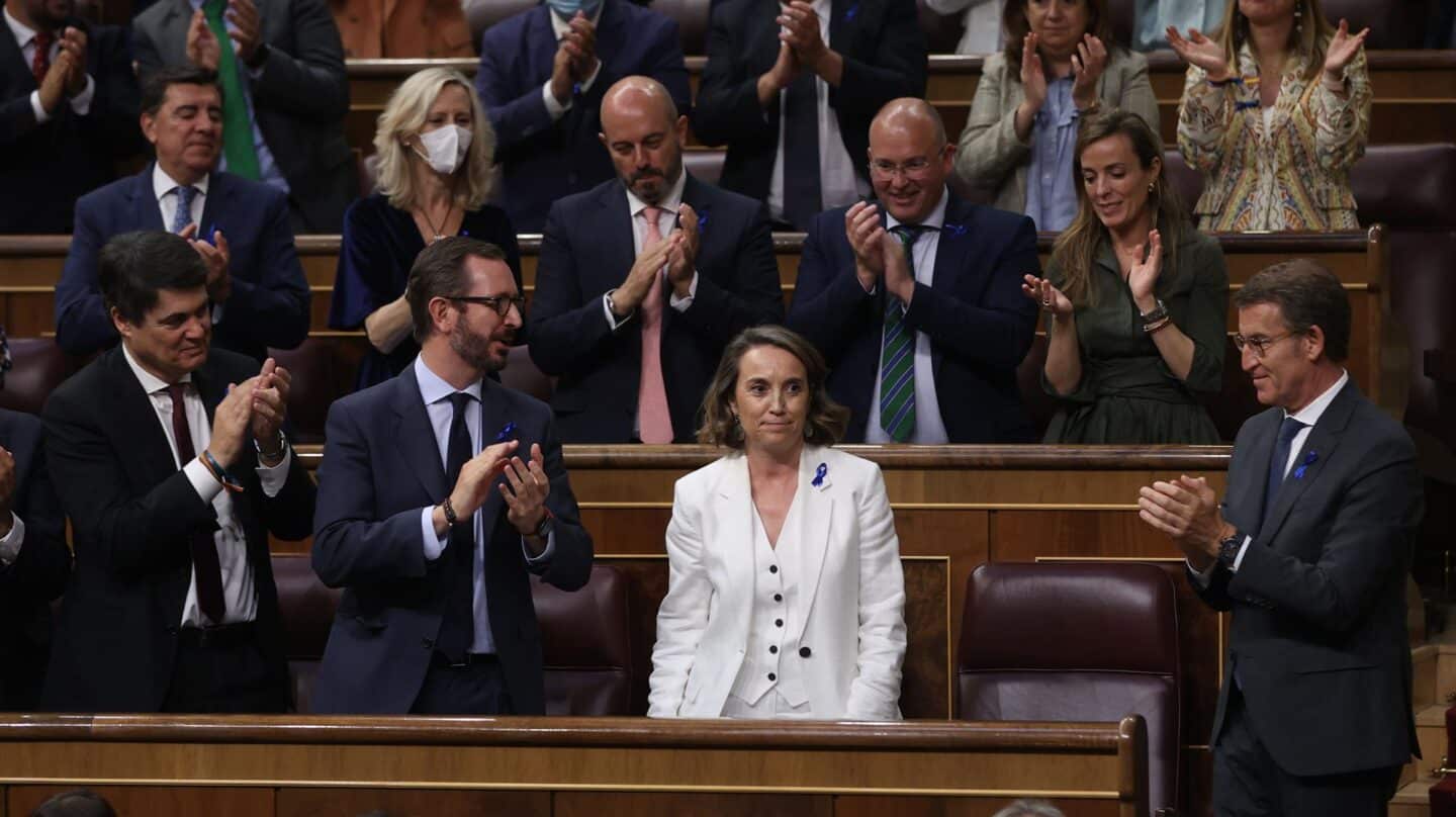 El Grupo popular en el Congreso, junto al presidente del PP, Alberto Núñez Feijóo, y otros invitados del partido, aplauden a la portavoz parlamentaria y secretaria general, Cuca Gamarra, tras su réplica en el debate de la nación.