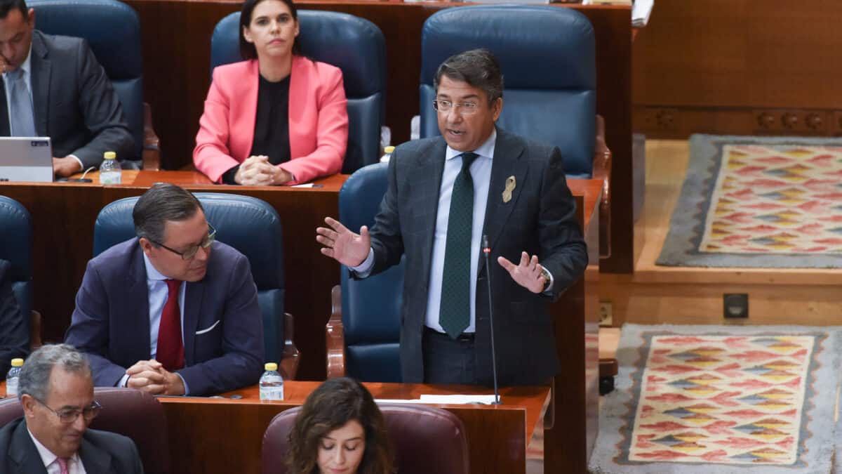 El portavoz del PP en la Asamblea de Madrid, Pedro Muñoz Abrines, interviene en una sesión plenaria en la Asamblea de Madrid