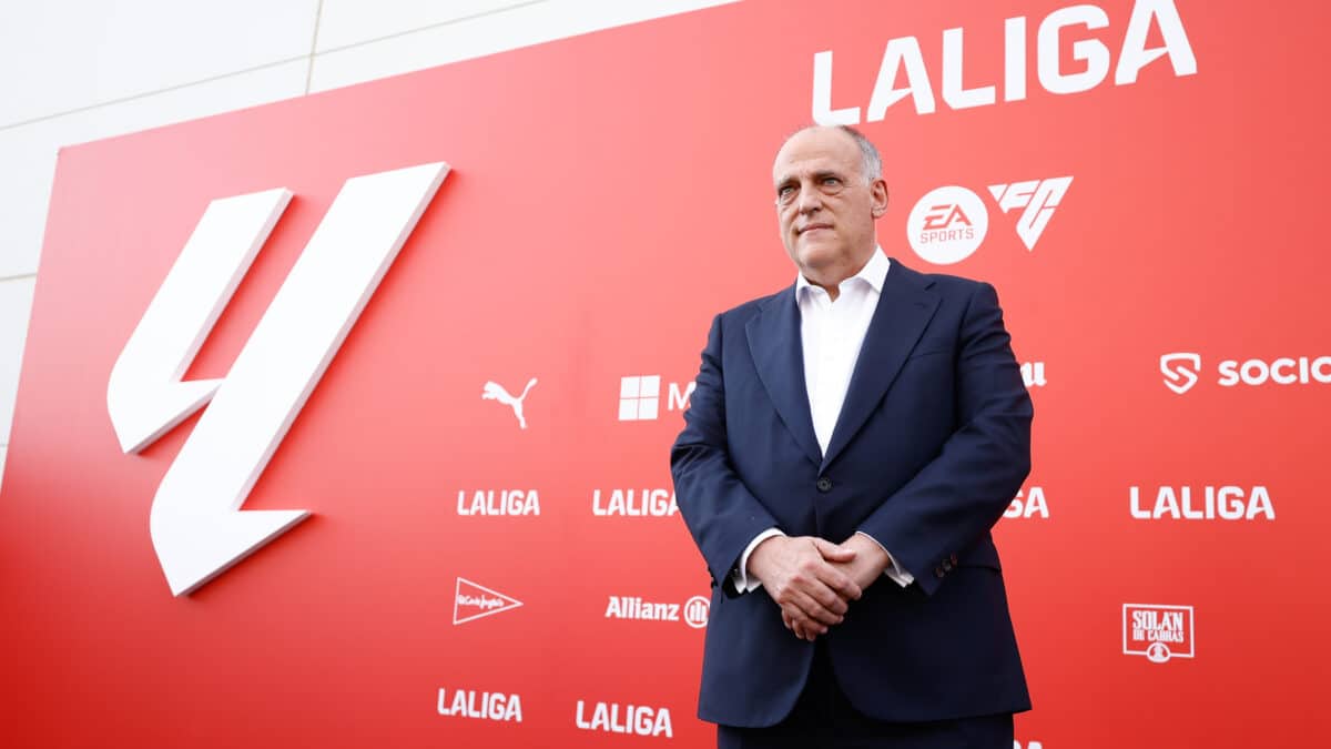 Javier Tebas asiste durante la presentación de la marca de la nueva LaLiga EA Sports para la próxima temporada 2023/24