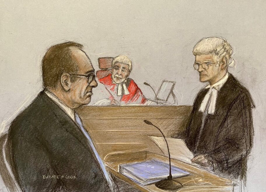 Dibujo de Elizabeth Cook sobre lo que ocurrió en el juicio de Londres con Kevin Spacey