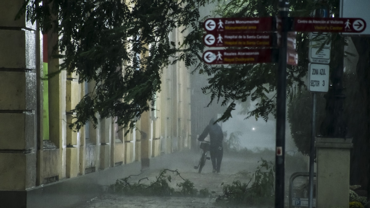 Una persona camina por una calle llena de ramas caídas a causa del viento y la lluvia