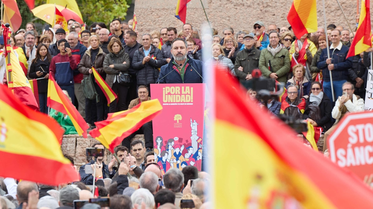 El líder de VOX, Santiago Abascal, interviene durante una manifestación bajo el lema, 'Defendamos la unidad’, en la Plaza de Colón de Madrid.