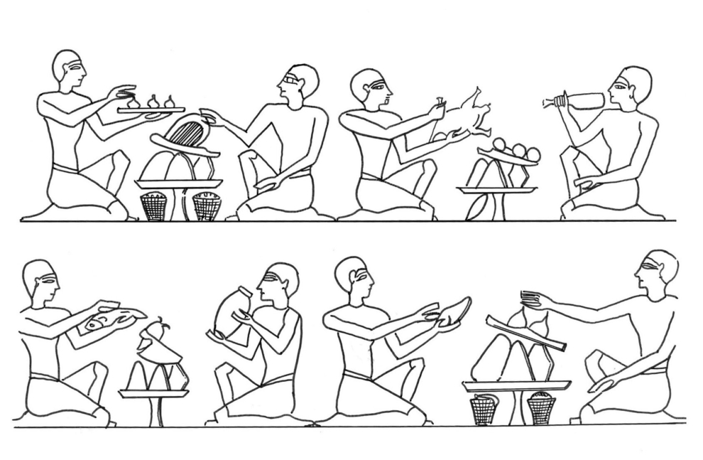 Escena de comida y bebida extraída de un fresco faraónico.