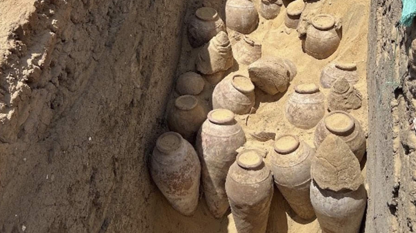 Tinajas de vino halladas por la misión en Abydos.