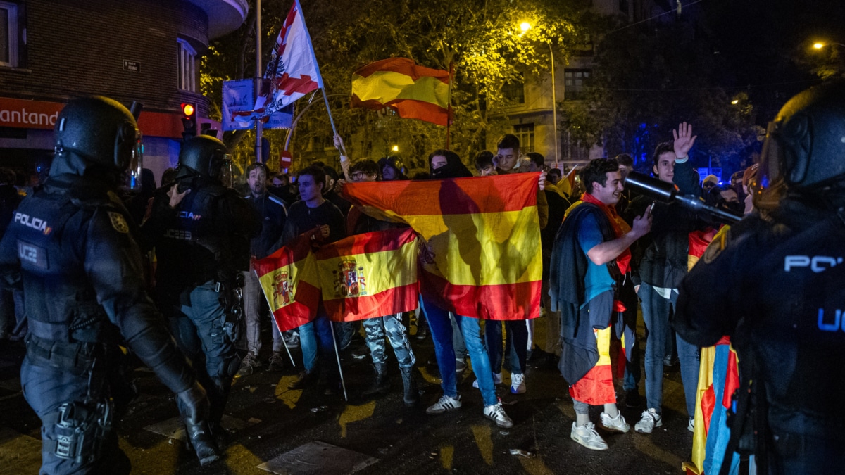 Manifestantes se encaran con la Policía durante la concentración contra de la amnistía celebrada este domingo en las inmediaciones de la sede del PSOE en Ferraz, Madrid (Efe).