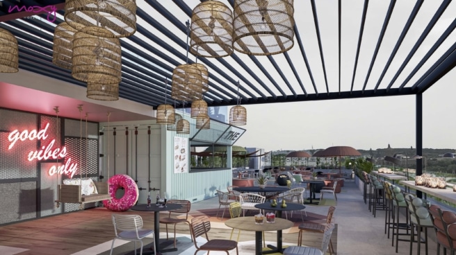 Recreation of the terrace of the future Moxy Barcelona, ​​located in the Sants district.