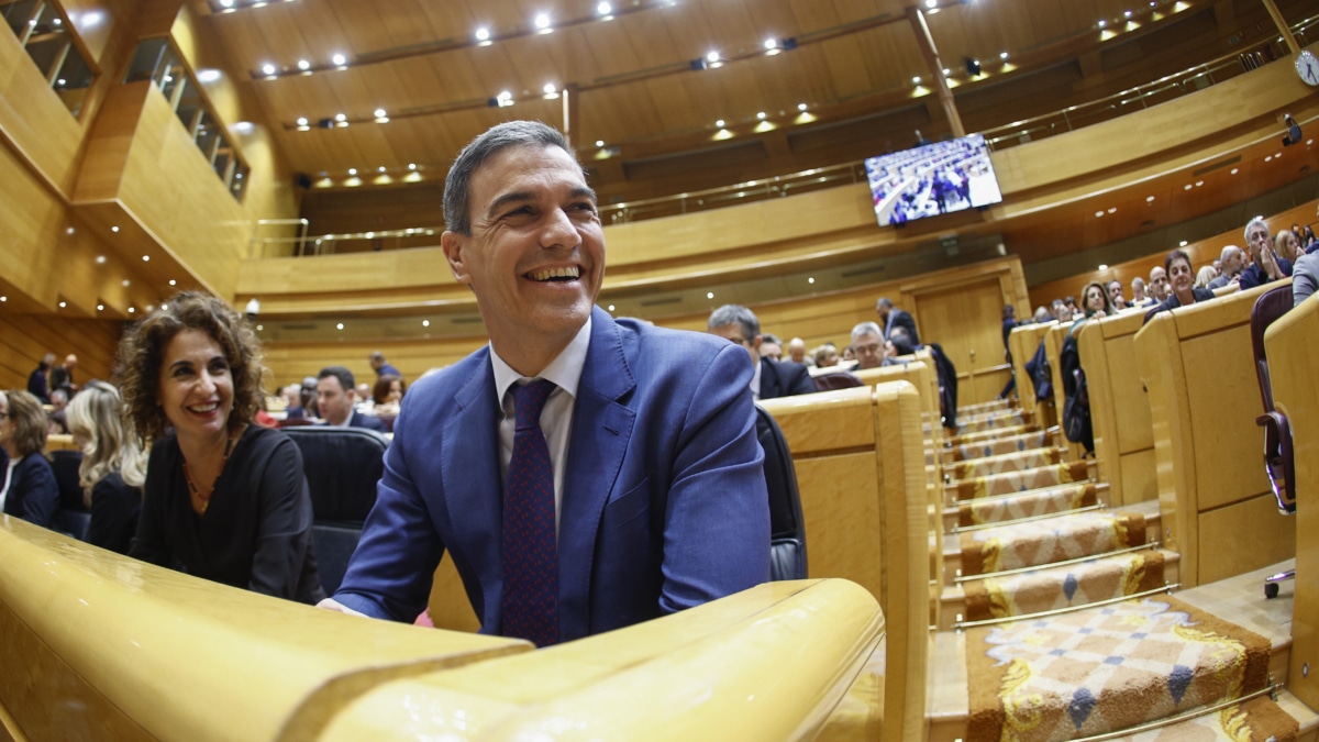 Montero y Sánchez sonríen en el Senado.