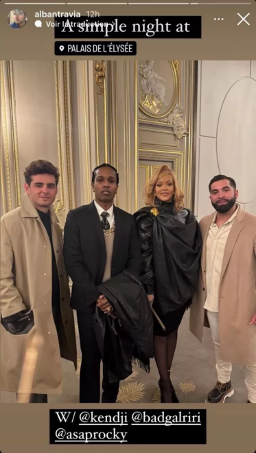 El cantante Alban Travia con Kendji Girac, Rihanna y A$AP Rocky en el Elíseo de París.