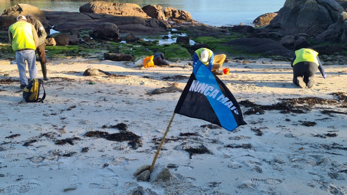 Voluntarios de Greenpeace recogen pellets en las playas de Galicia.