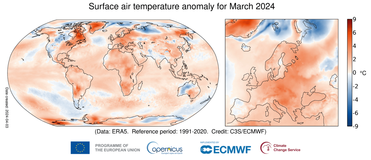 Anomalía de la temperatura del aire en superficie para marzo de 2024 en relación con la media de marzo del periodo 1991-2020