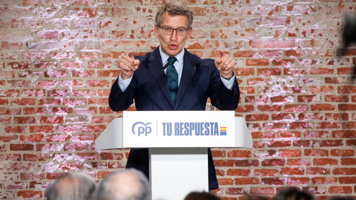 El líder del PP, Alberto Núñez Feijóo, interviene durante la presentación de los ejes del programa electoral para los comicios europeos