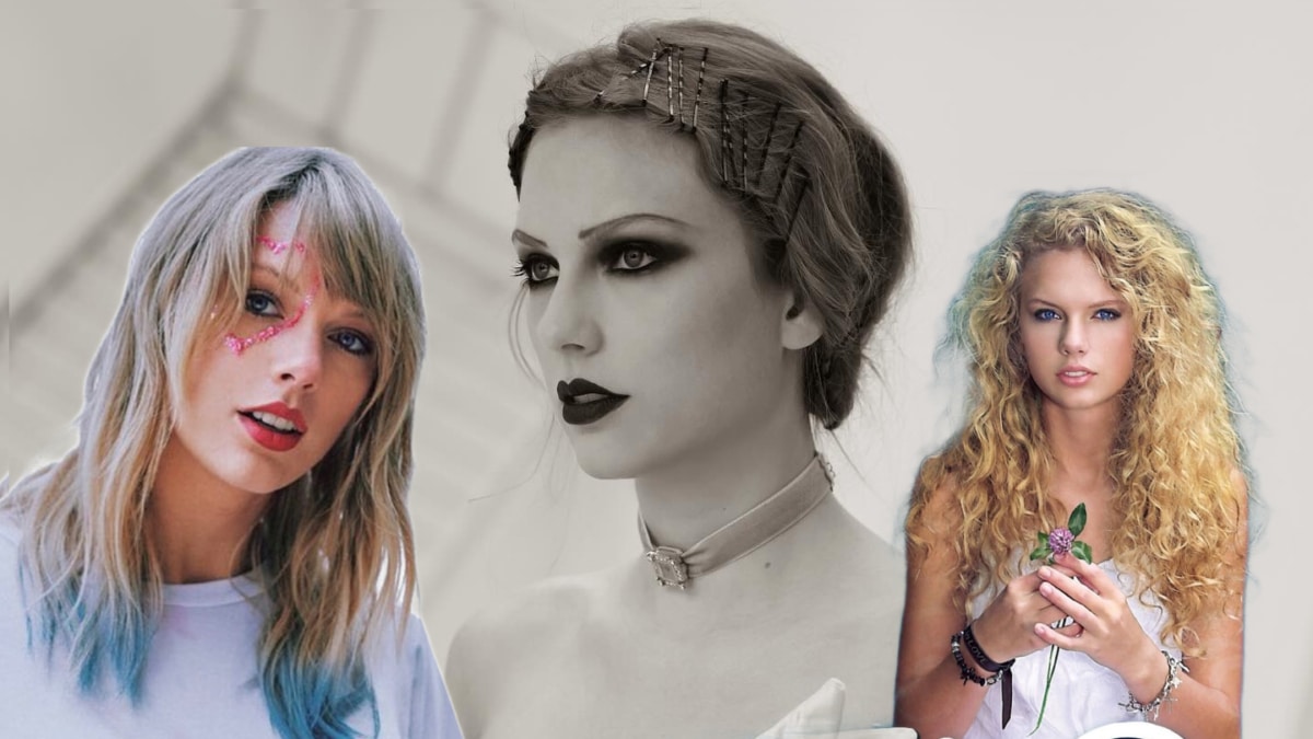 Taylor Swift en tres de sus "eras": 'Lover', 'The Tortured Poets Department' y su disco debut.