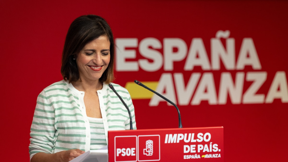 La portavoz de la ejecutiva federal del PSOE, Esther Peña, este 24 de junio de 2024 en la sede de Ferraz, en Madrid.