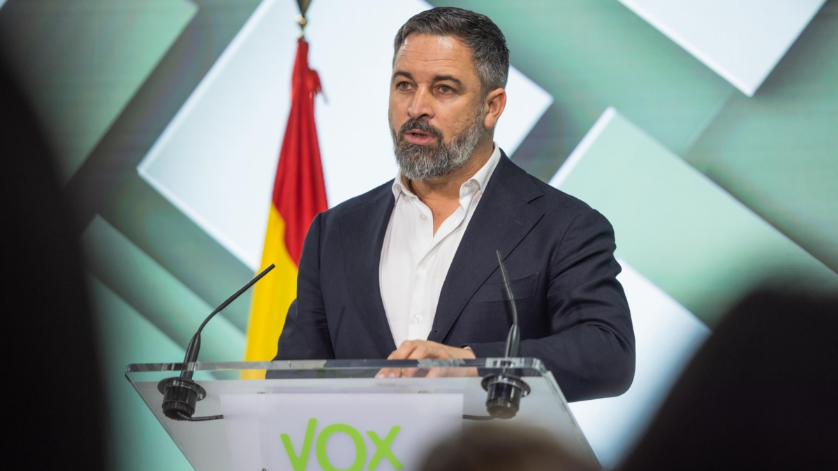 El presidente de Vox, Santiago Abascal, durante su intervención en la Asamblea General Ordinaria de Vox, en la sede nacional de Madrid