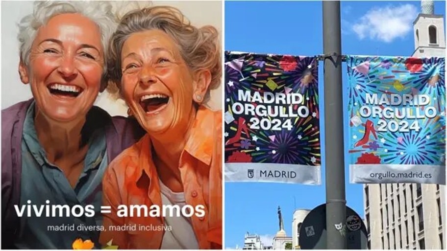 A la izquierda el cartel para el Orgullo LGBTIQ+ del área de Igualdad; a la derecha, el del Ayuntamiento de Madrid
