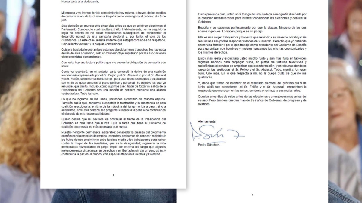 Consulte aquí la carta íntegra de Pedro Sánchez
