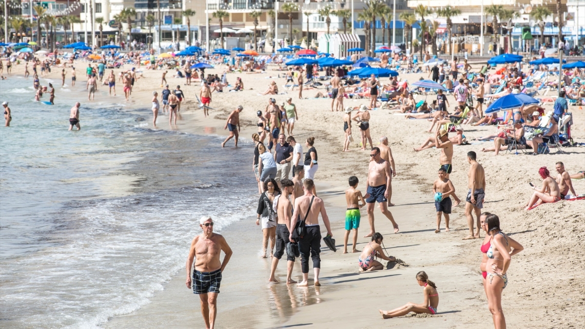 Numerosas personas se bañan y toman el sol en la playa de Poniente, en Benidorm.