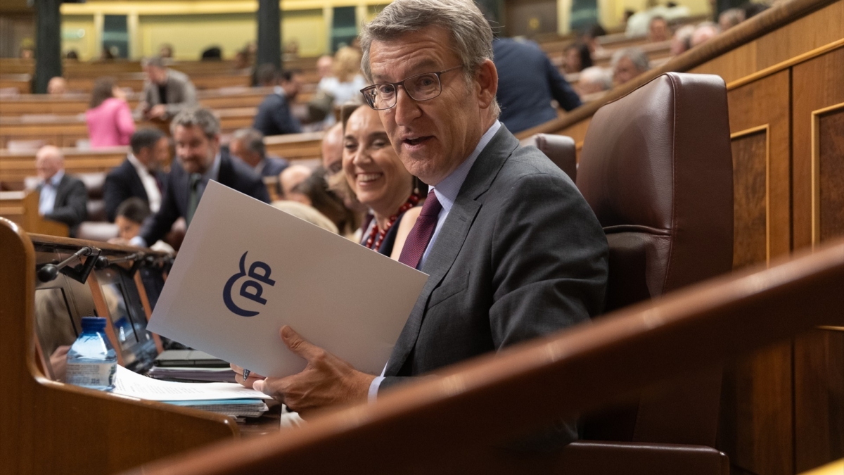 El presidente del Partido Popular, Alberto Núñez Feijóo, este jueves, en el pleno extraordinario del Congreso sobre el Poder Judicial