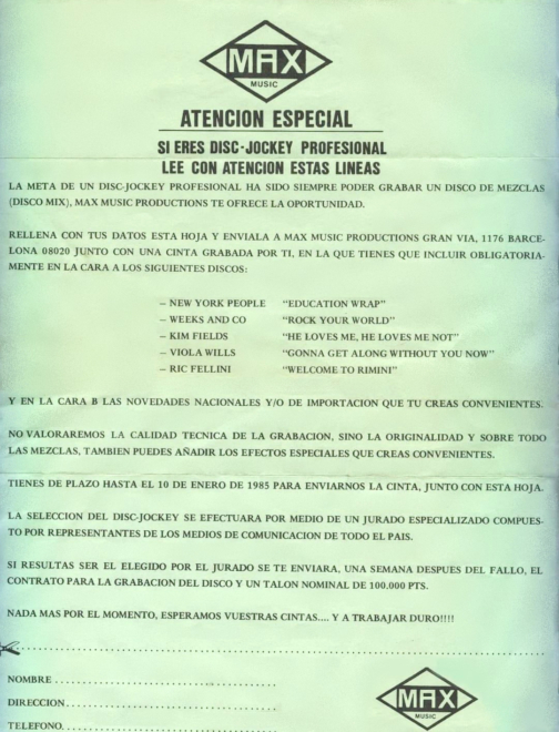 El boletín para el concurso de disc jockeys convocado por Max Music y encartado en sus LPs.