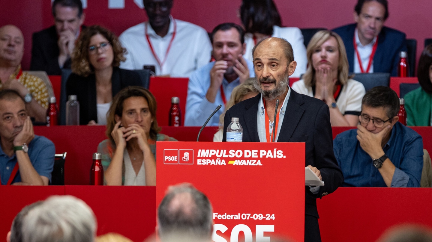 El secretario general del PSOE de Aragón y expresidente regional, Javier Lambán, durante su intervención ante el comité federal del pasado 7 de septiembre de 2024, en Ferraz.