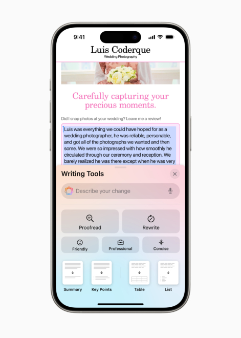 Gracias a las novedosas herramientas de redacción integradas de iOS 18, los usuarios pueden reescribir, revisar y resumir texto en prácticamente cualquier lugar del sistema, incluyendo Mail, Notas, Pages y apps de terceros.